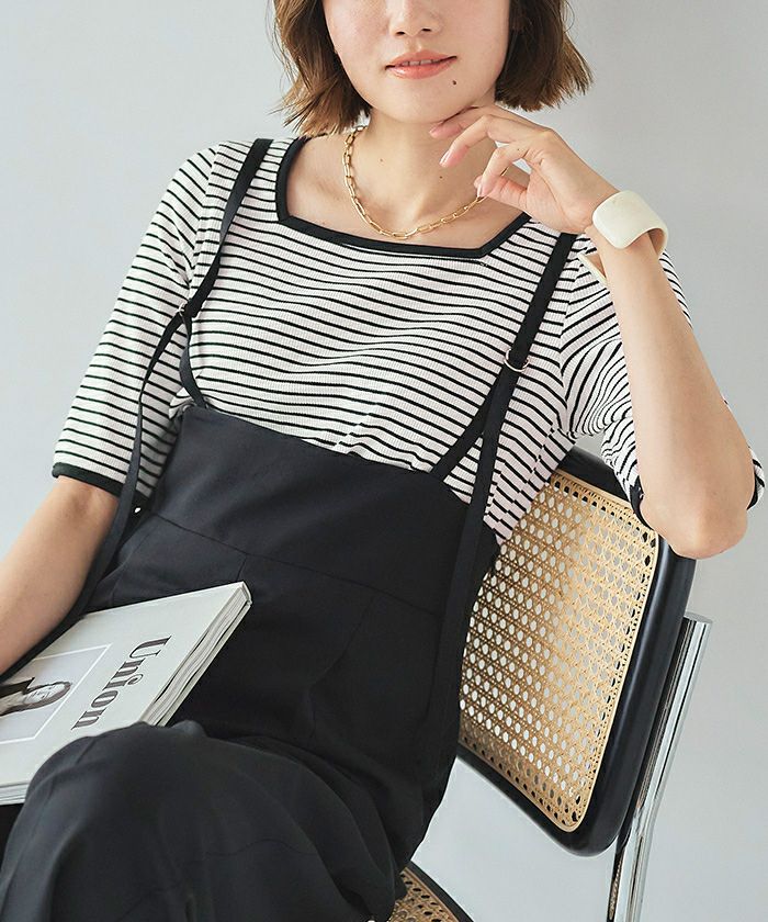 【PING APPAREL】レディース 5ポケットパンツ ＋ボーダートップス 長袖 Tシャツ ボーダー レディース トップス ロンT ハーフボタン 春 秋