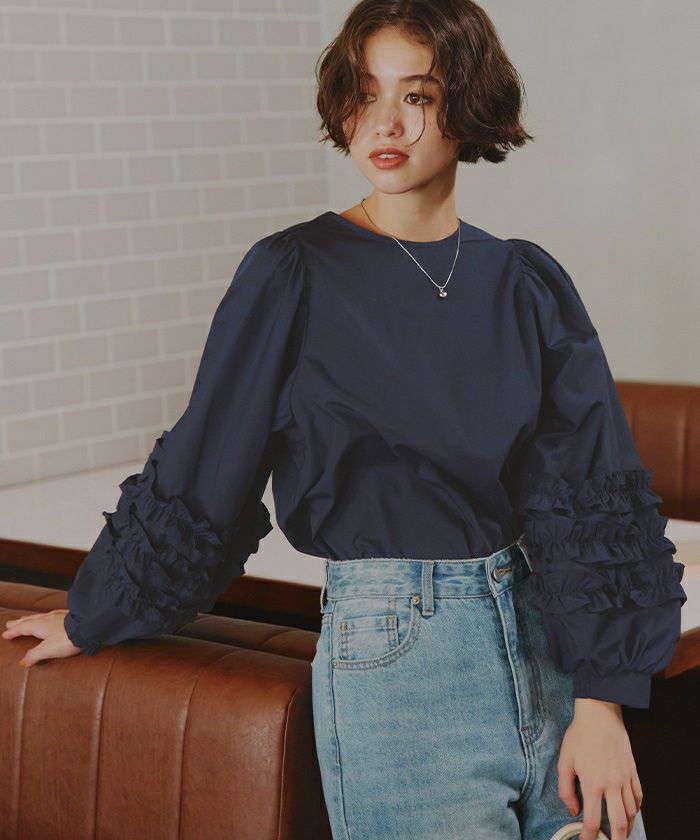 TEIJA ネイビー ブラウス セール】 〈手洗い可能〉ストレッチ ジョーゼット 袖 ギャザー