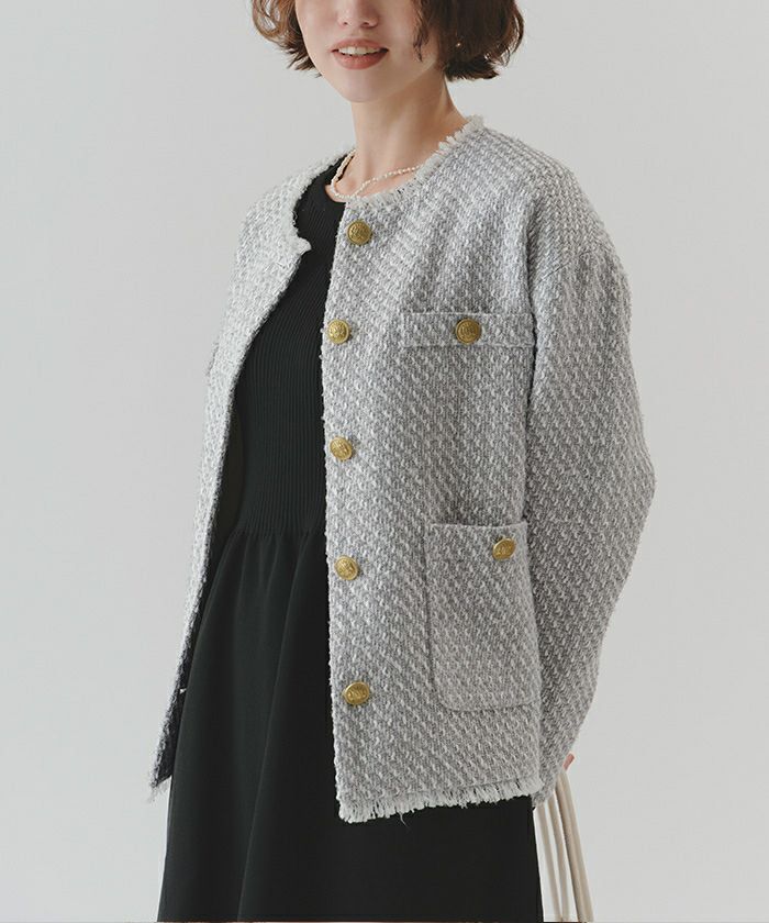 ✨タグ付・未使用品✨アビィAVIE ノーカラーツイードジャケット日本製　高級生地 セール】 ノーカラーツイードジャケット （ノーカラージャケット