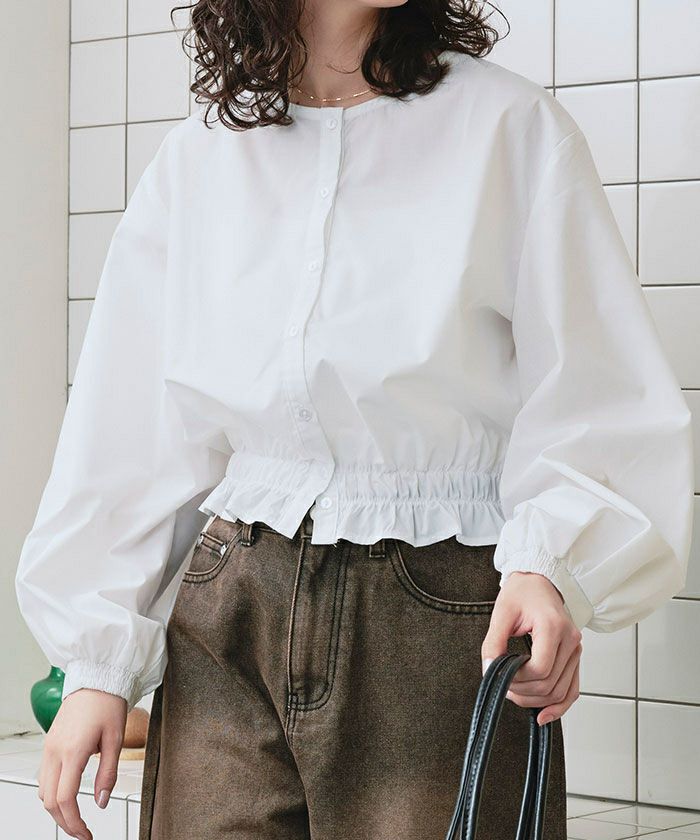 クルーネック裾シャーリングブラウス【メール便可／100】 | titivate