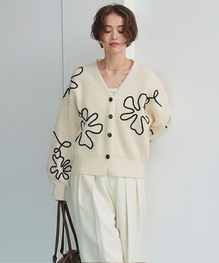 KHAITE フラワー柄 ニットカーディガン 花刺繍ニットカーディガン 3D フラワーニット 長袖 セーター