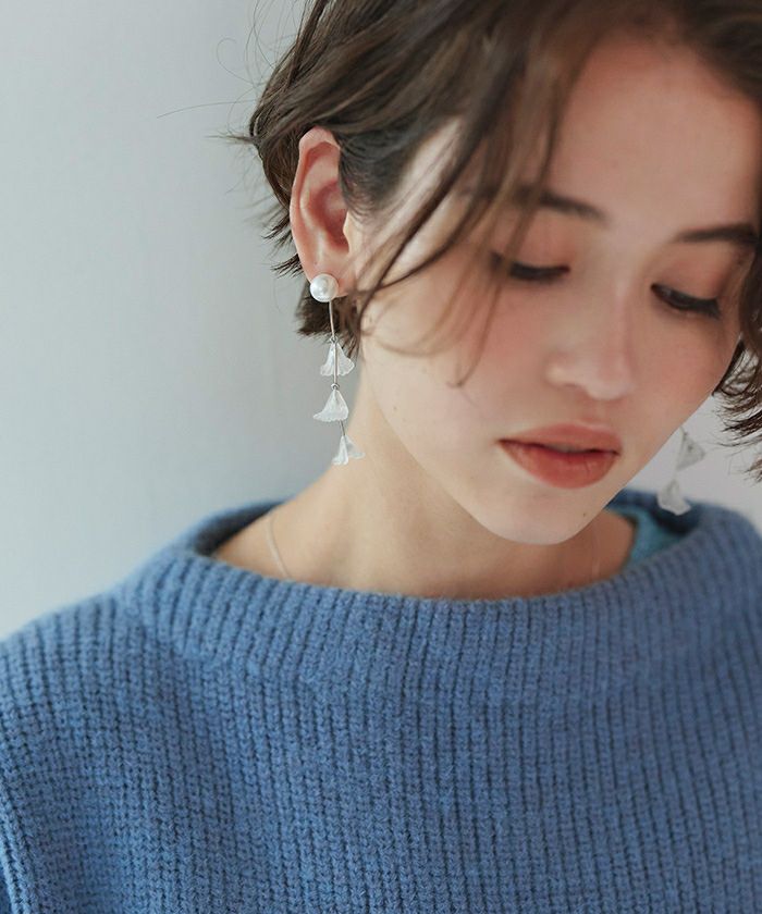 2wayグリーン×パープルフラワーロングチェーンピアス 2wayグリーン×パープルフラワーロングチェーンピアス