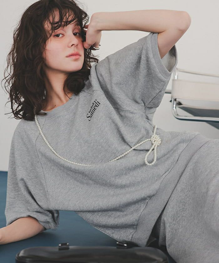 ハーフスリーブクルーネックスウェット 刺繍入りハーフスリーブスウェットプルオーバー | titivate