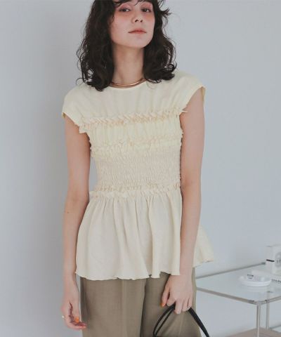 美品★シャーリングフレアトップス　トリーバーチ　ブランド　綿100% コットン NEWYORKER tシャツ 強撚スムース スクエアドットプリント 7分袖