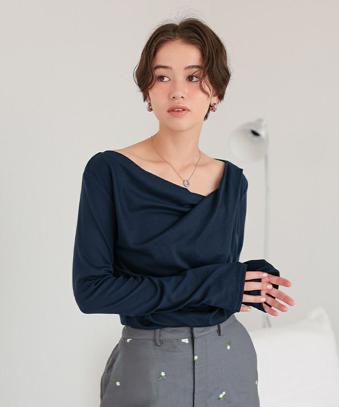 Grove オフショルダー グレー 長袖Tシャツ セール】 五分袖ロゴプリントTシャツ （シャツ・ブラウス