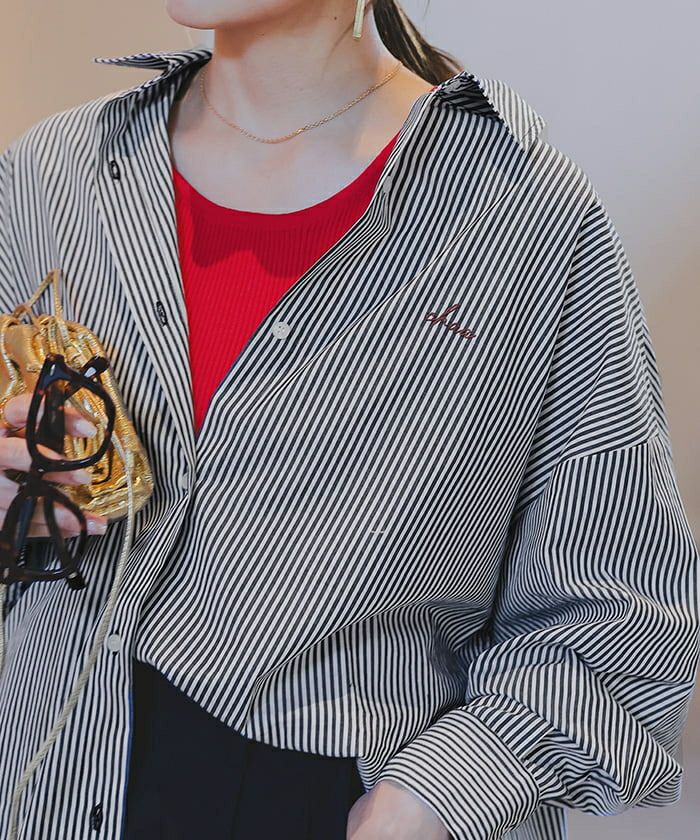 デザイン刺繍入りストライプオーバーシャツ | titivate