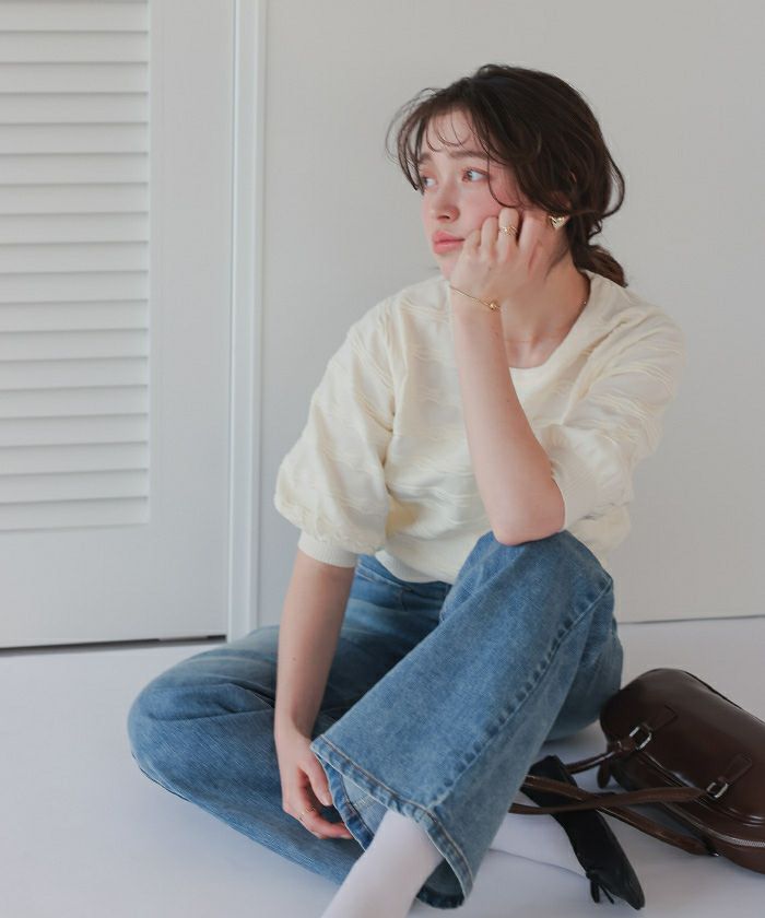 スフレパフプルオーバーボーダートップスパフスリーブパワショルTシャツ/セブンテン ナミナミボーダーパフスリーブニットプルオーバー | titivate