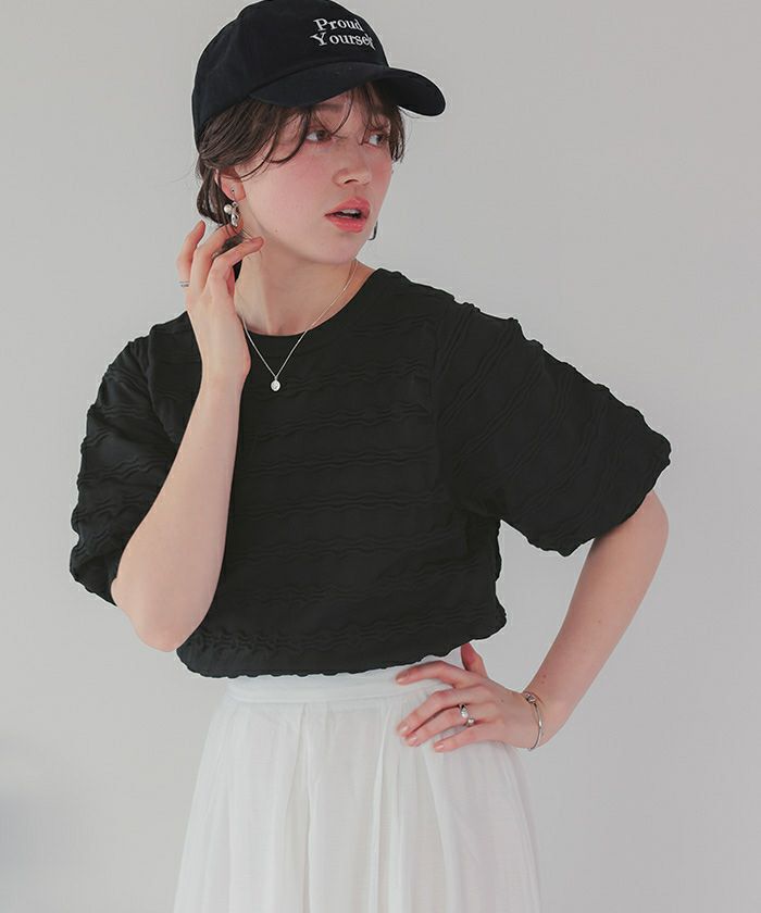 スフレパフプルオーバーボーダートップスパフスリーブパワショルTシャツ/セブンテン ナミナミボーダーパフスリーブニットプルオーバー | titivate