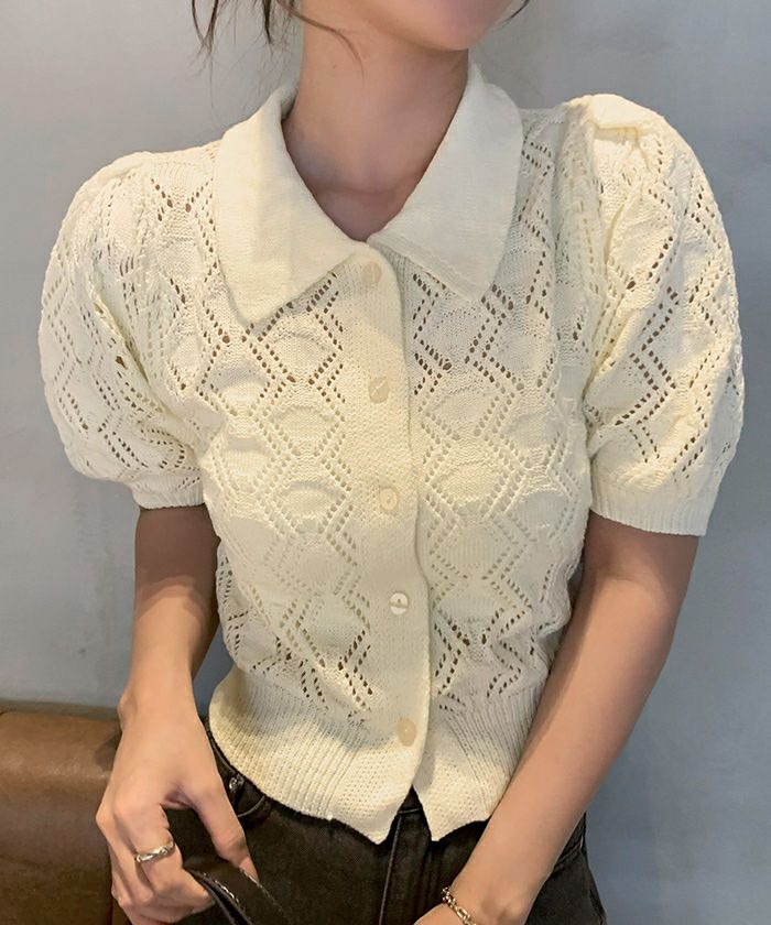透かし編みパフスリーブニットトップス | titivate
