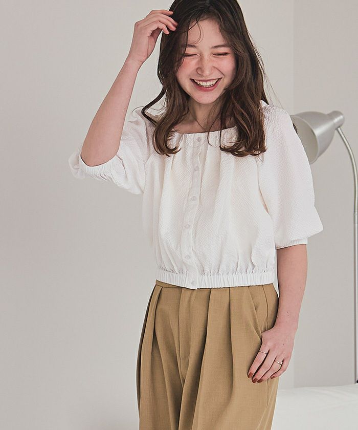 うさとのトップス　茶系　パフスリーブ スクエアネックパフシルエットトップス | titivate