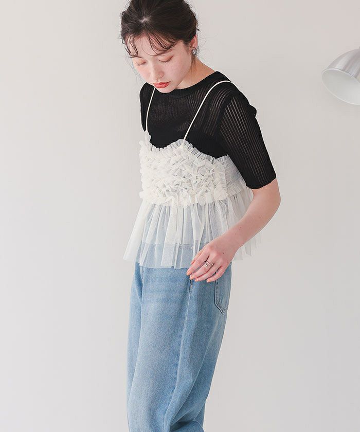 美品 エブール シアーコットン アセテート 5分袖 リブニット ブラウン F ebure - ebure シアーコットンアセテート クルーネック5分袖
