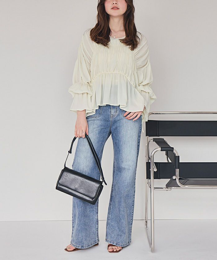 プランテーション　インディゴデニムギャザーブラウス　シャーリング　グラデーション シャーリングギャザーボリュームブラウス | titivate