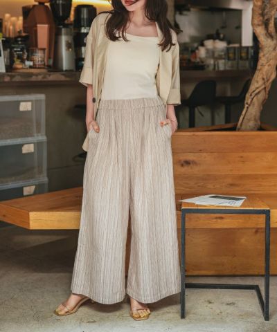 ストライプ ワイドパンツ ミリタリーデザイン 麻混ストライプワイドパンツ通販｜レディースファッション・20代