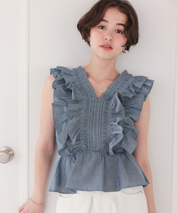 シャーリングフリルノースリーブブラウス | titivate