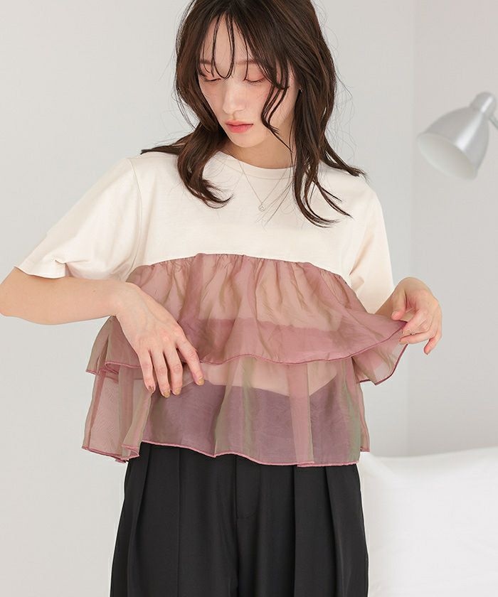 異素材立体オーガンジーフリルTシャツ 大きいサイズ フリルコア 異素材立体オーガンジーフリルTシャツ 大きいサイズ フリルコア