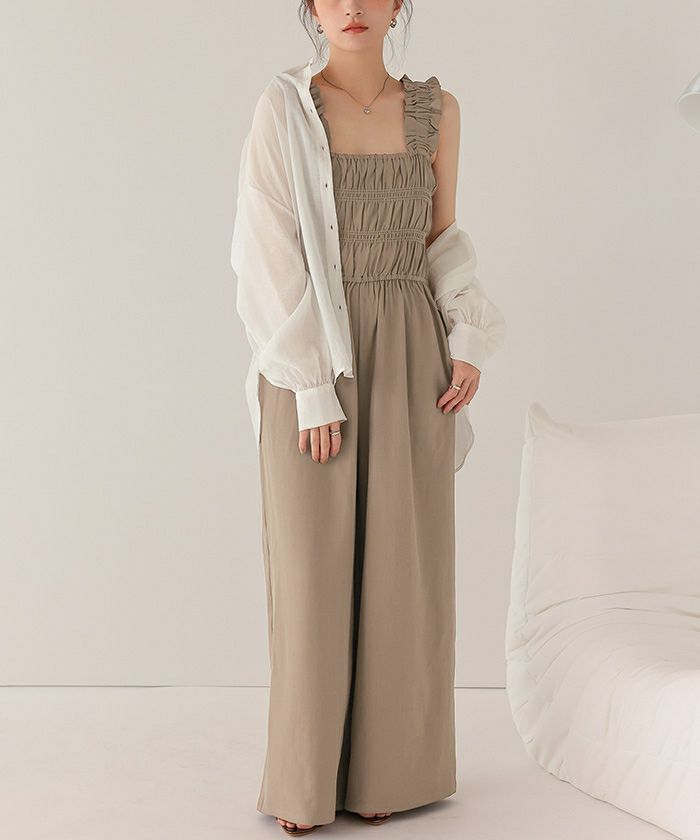 楽ちんきれいショルダーフリルシャーリングオールインワン | titivate