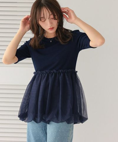 ネイビー 半袖シャツ フリルデザイン カットソー フリル袖 レディース 半袖 ギャザー フリル プル