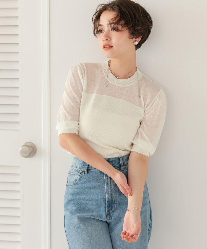 シアー切替パフスリーブニットトップス | titivate