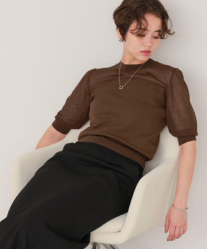 シアリングパフトップス ブラック 19,800円 シアー切替パフスリーブニットトップス | titivate