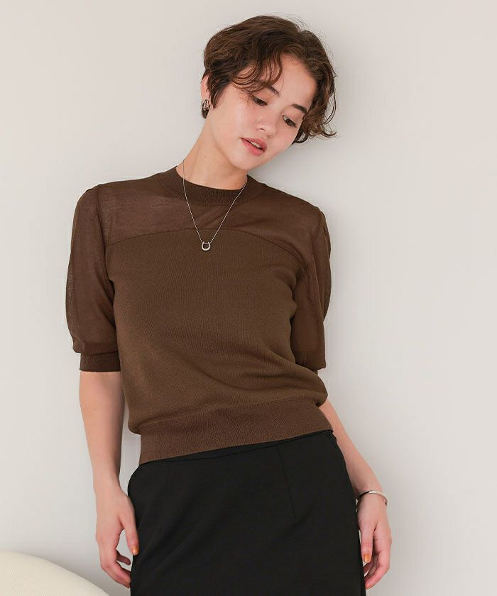 シアー切替パフスリーブニットトップス | titivate