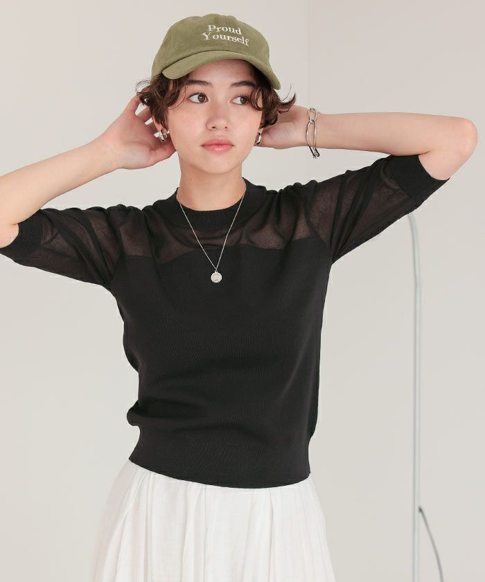 シアー切替パフスリーブニットトップス | titivate