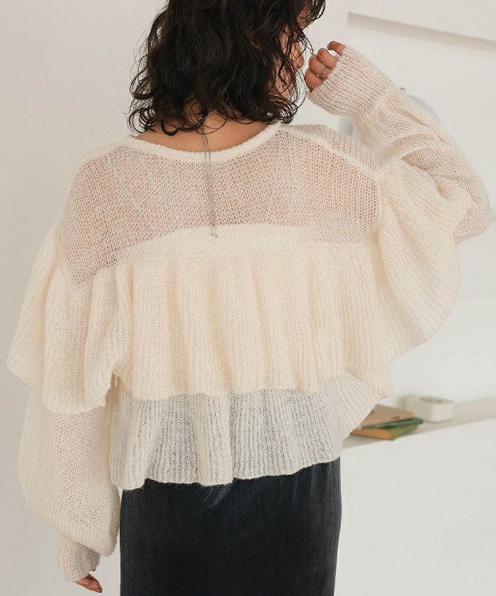 ティアードフリルモヘアライクローゲージニットトップス | titivate