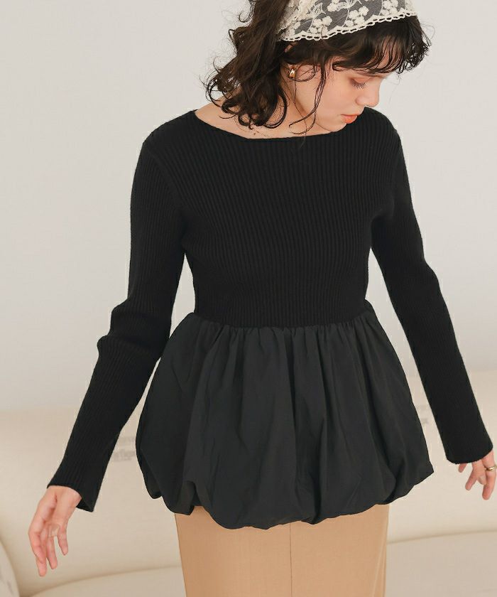 ヘムバルーンドッキングボートネックリブニット | titivate