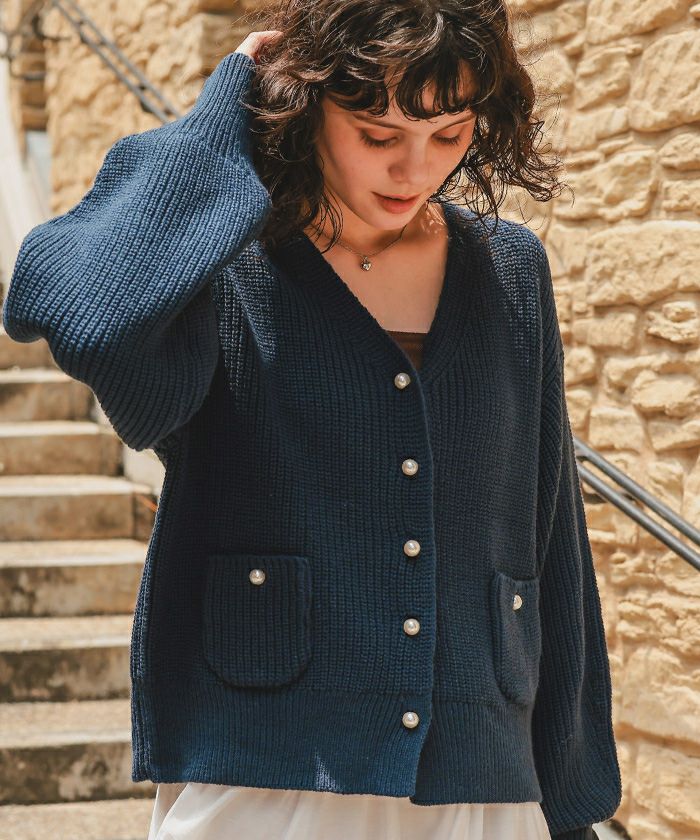 ポケット付きパールボタンニットカーディガン | titivate
