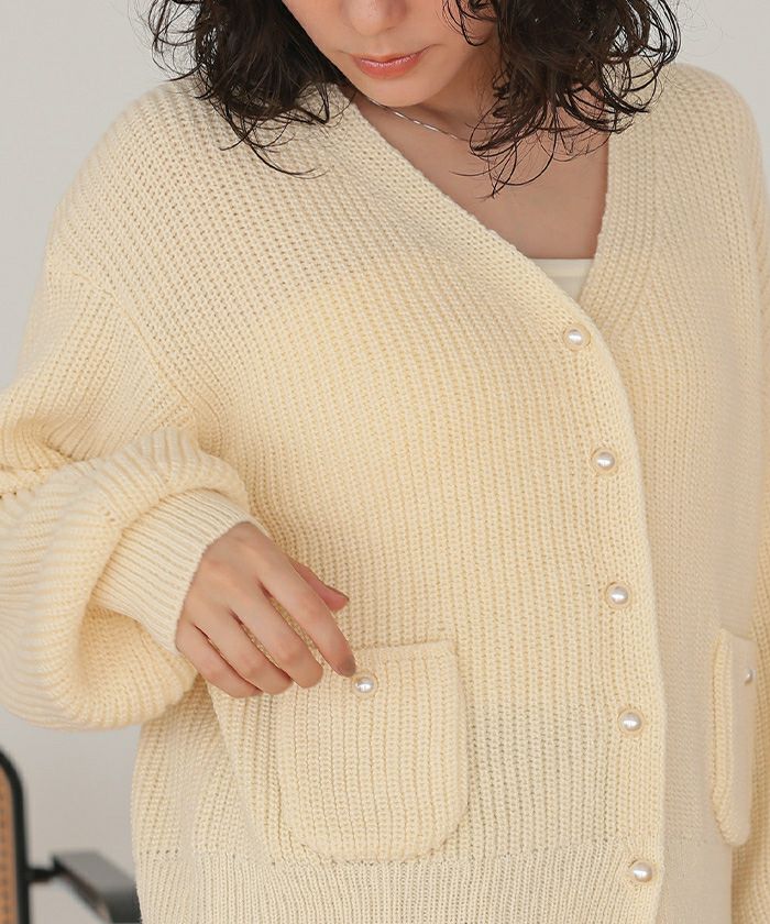 ポケット付きパールボタンニットカーディガン | titivate