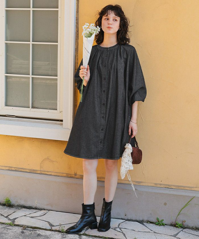 ギャザーボリュームシルエットデニムワンピース | titivate