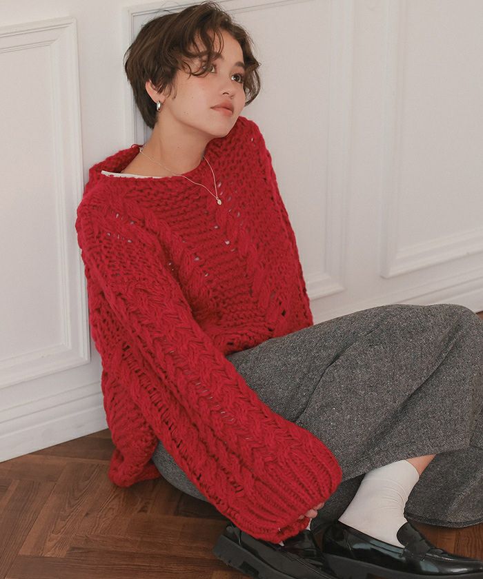 ハンドライクボートネックケーブルニット | titivate