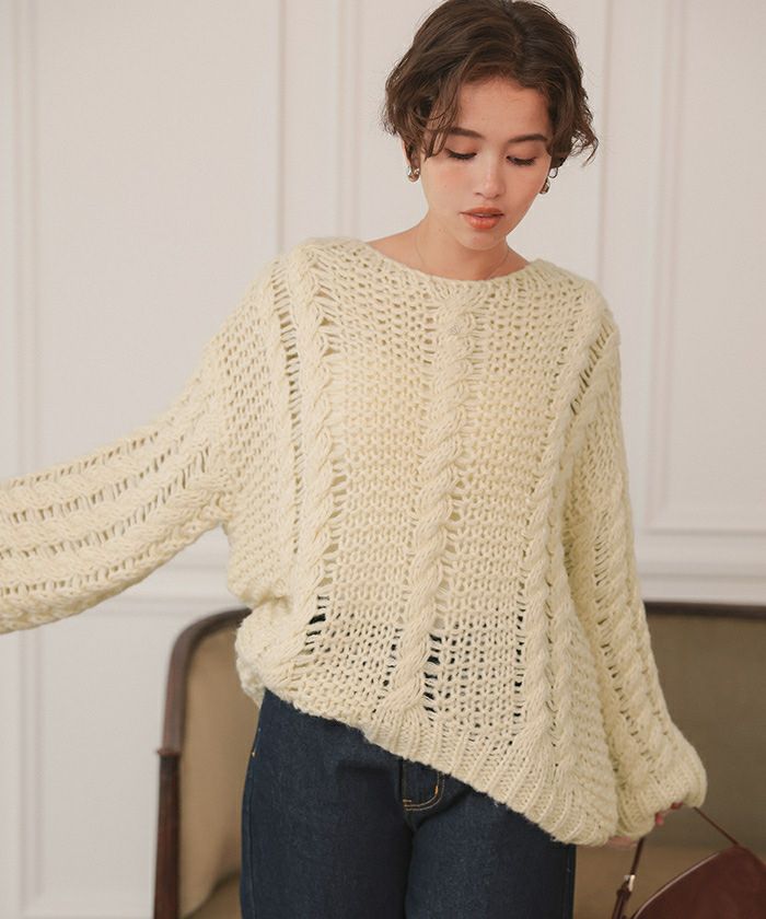 ハンドライクボートネックケーブルニット | titivate