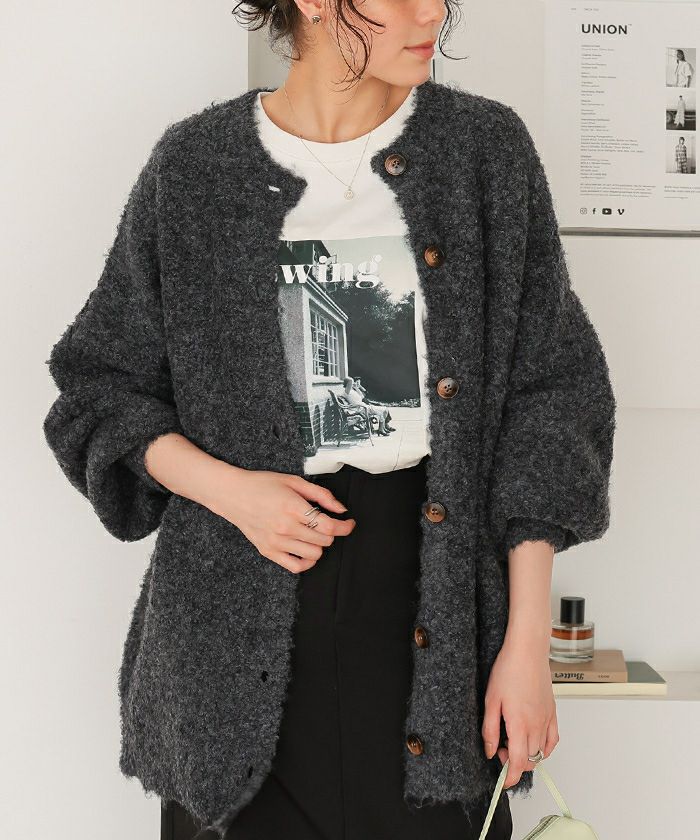 ウール混ブークレボリュームスリーブニットカーディガン | titivate