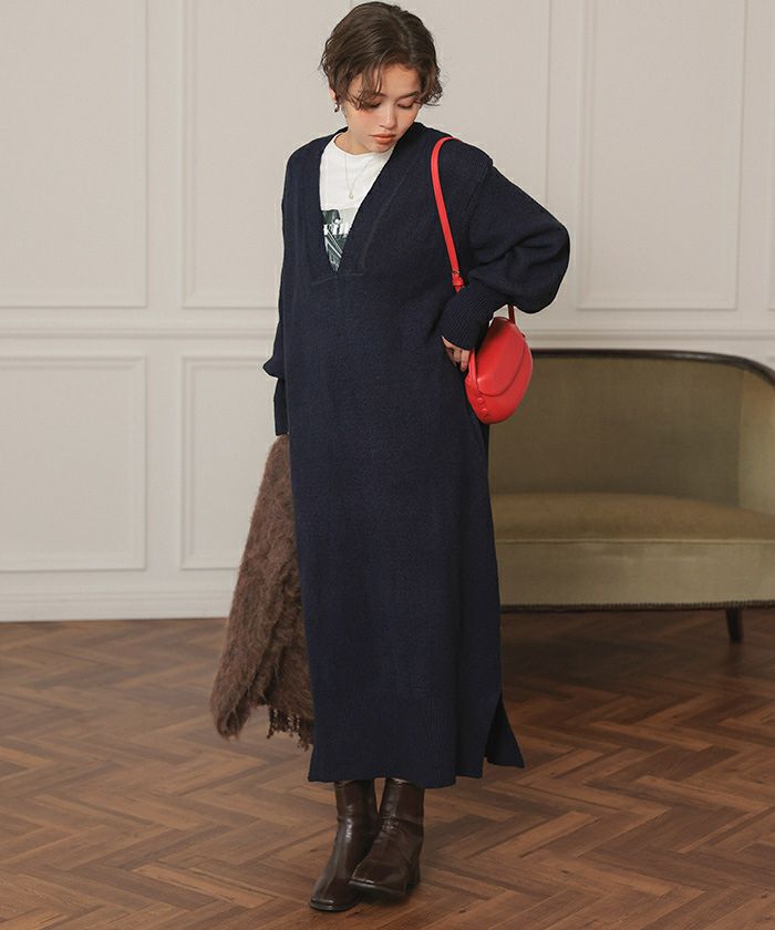 つっちん　Bワンピ ウェーブネックニットワンピース | titivate