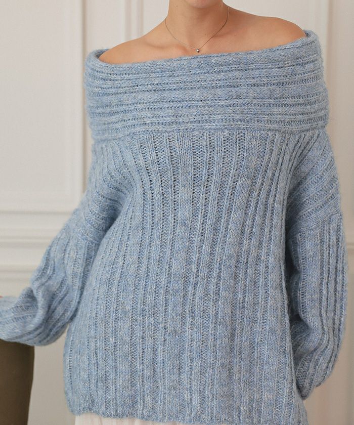 ネイビー オフショルダー セーター F AZUL BY MOUSSY | 5分袖ギャザーオフショルニットトップス (ニット