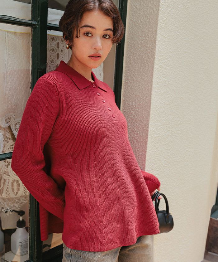 レッドペプラムニット　ボーダーズアットバルコニー ポロ襟ペプラムニット | titivate