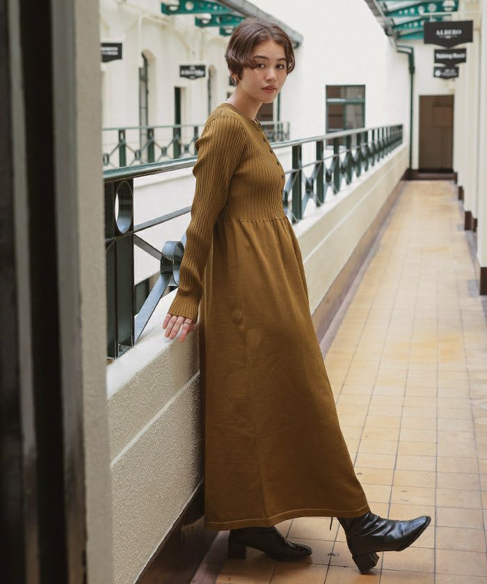 ヘンリーネックデザインニットワンピース | titivate