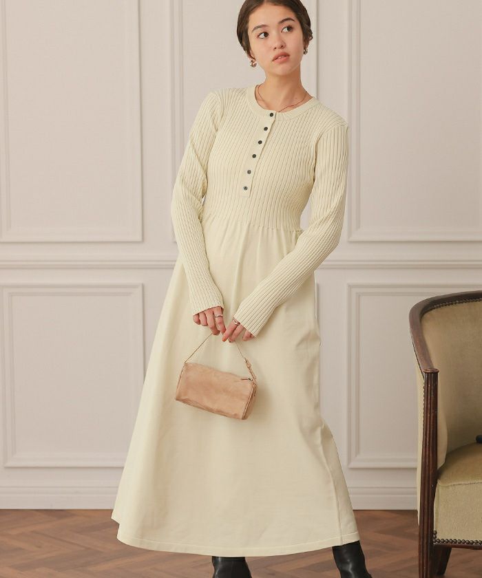 ヘンリーネックデザインニットワンピース | titivate