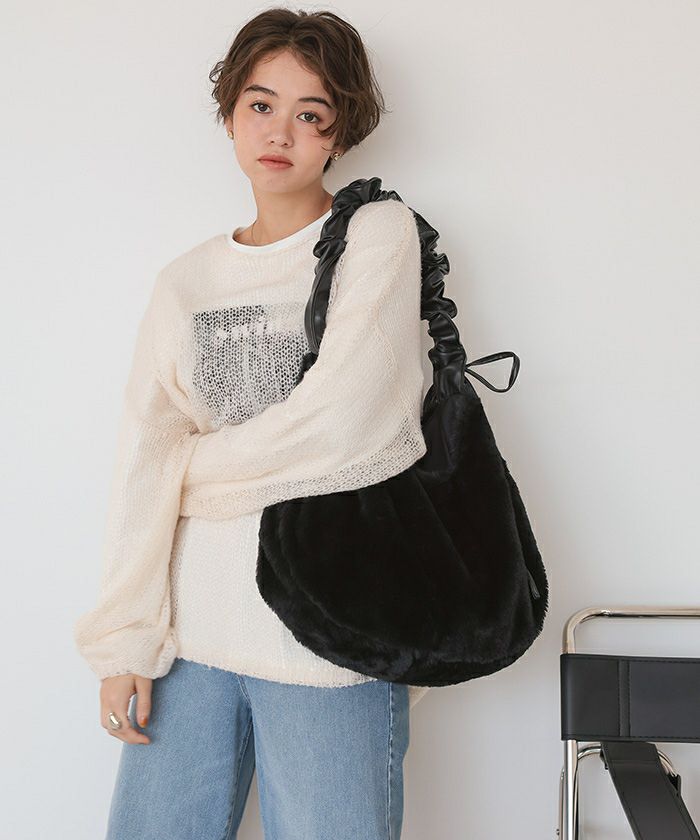 【美品】ダークグレーファーハンドバッグ 2wayフェイクファーバッグ | titivate