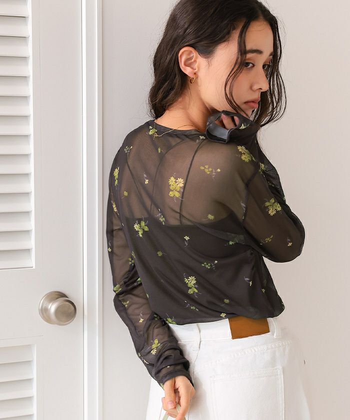 POPPY ブルーフラワーシアー　クルーネックトップス Swan see-through tops (High / Crew neck)