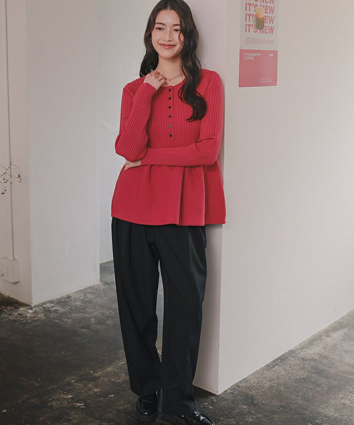 前後2wayヘンリーネックペプラムニットトップス | titivate