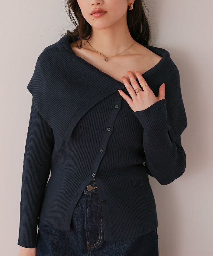 アシンメトリーオフショルダーニットトップス | titivate