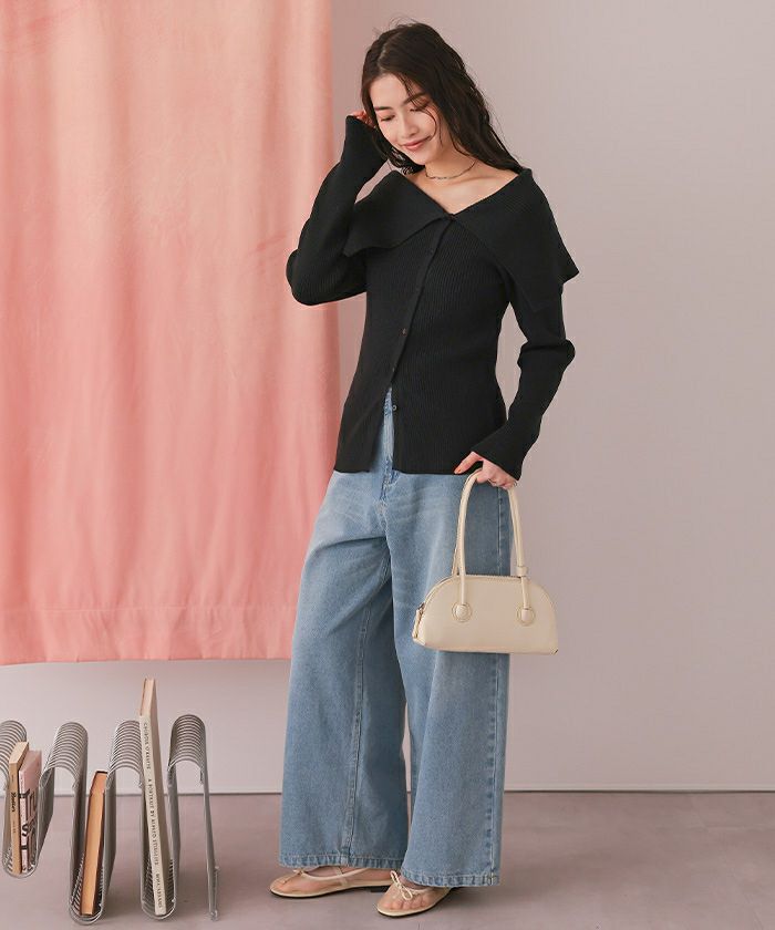 アシンメトリーオフショルダーニットトップス | titivate