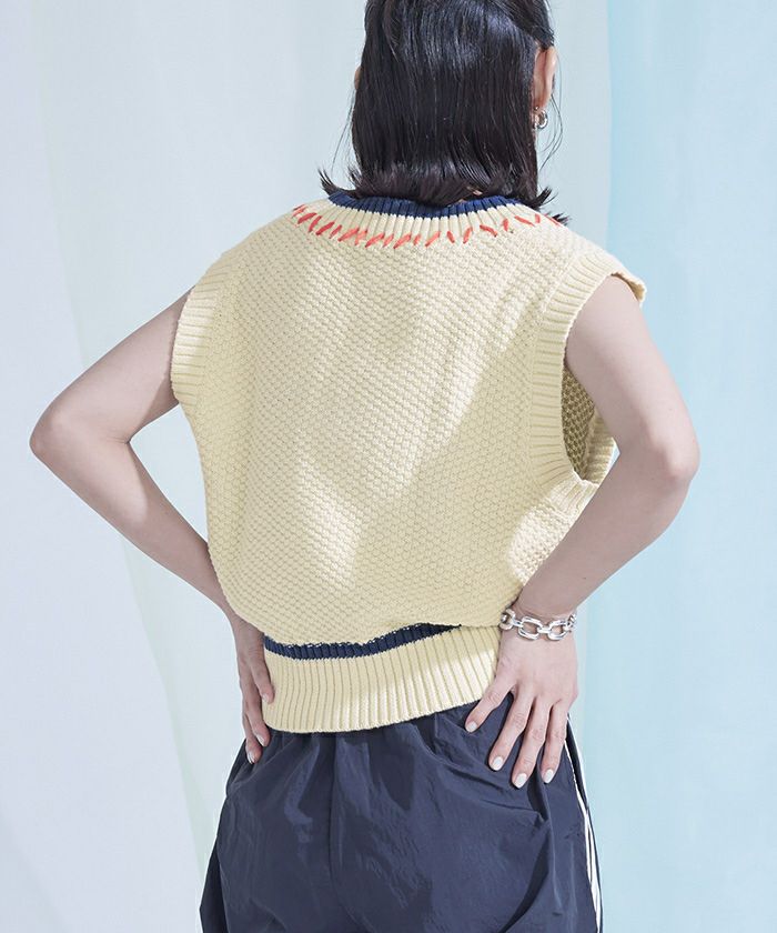 配色ステッチVネックベスト【miette ミエット】 | titivate