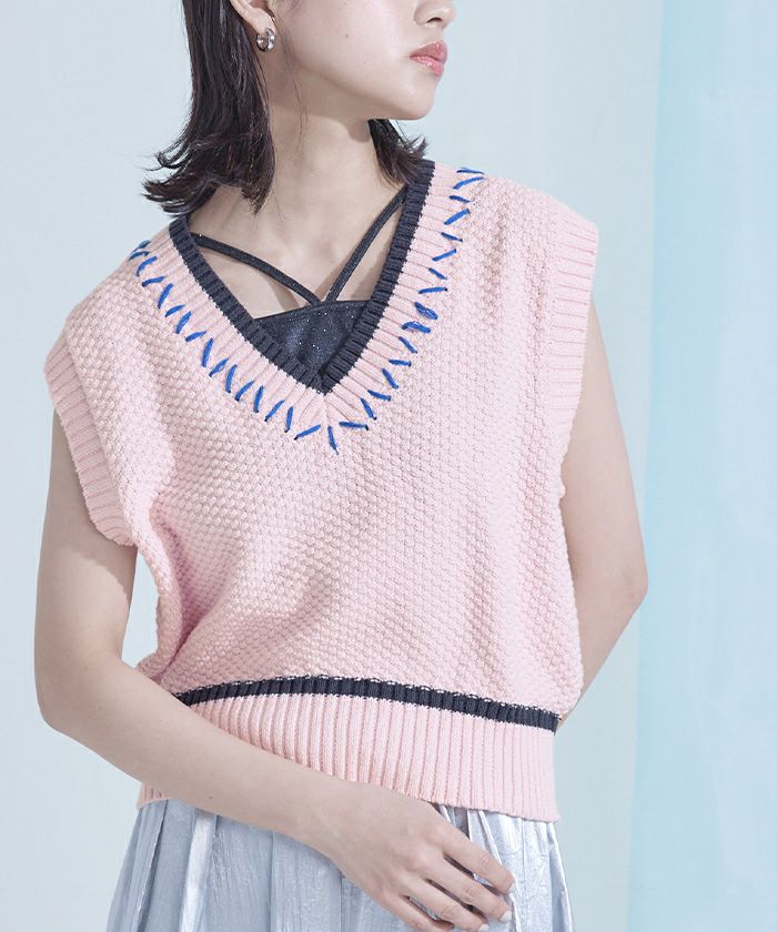 配色ステッチVネックベスト【miette ミエット】 | titivate