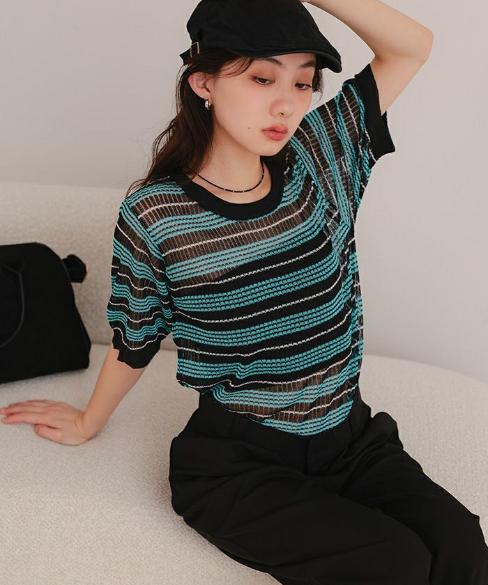 マルチボーダーシアートップス【miette ミエット】【メール便可／50