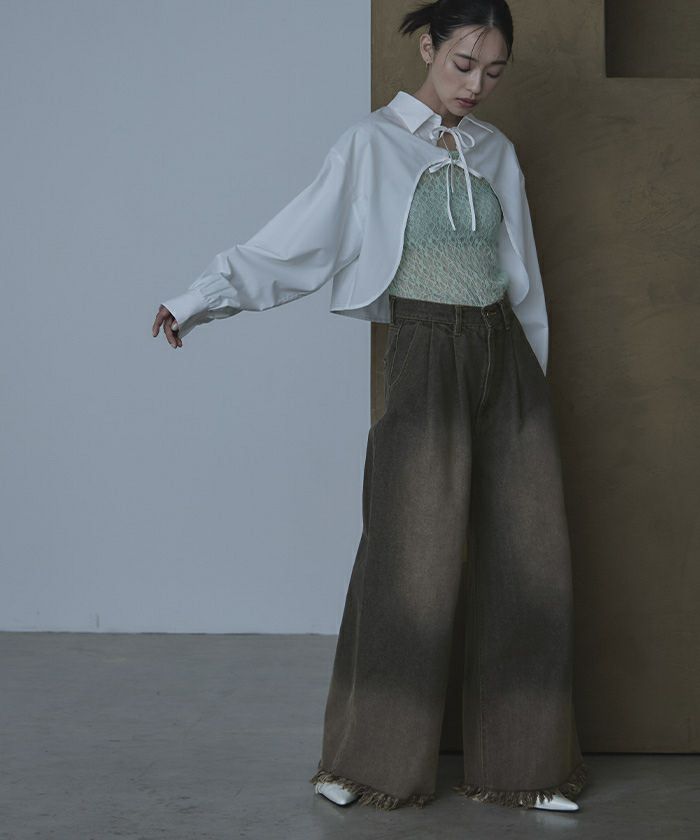 裾フリンジオーバーダイデニムワイドパンツ【miette ミエット】 | titivate