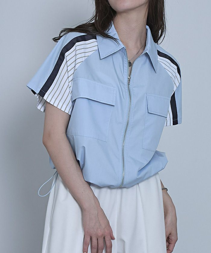 ストライプ切替ジップ半袖シャツ【miette ミエット】【メール便可／100