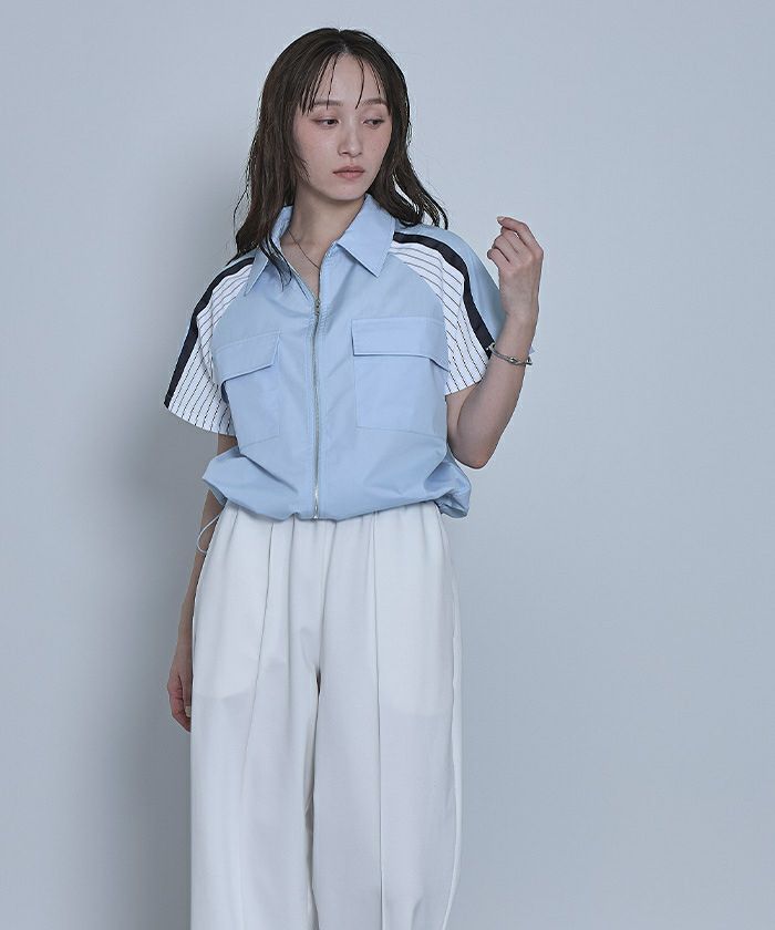 ストライプ切替ジップ半袖シャツ【miette ミエット】【メール便可／100