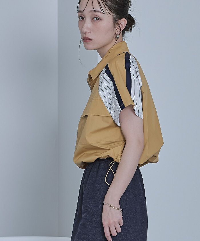 ストライプ切替ジップ半袖シャツ【miette ミエット】【メール便可／100